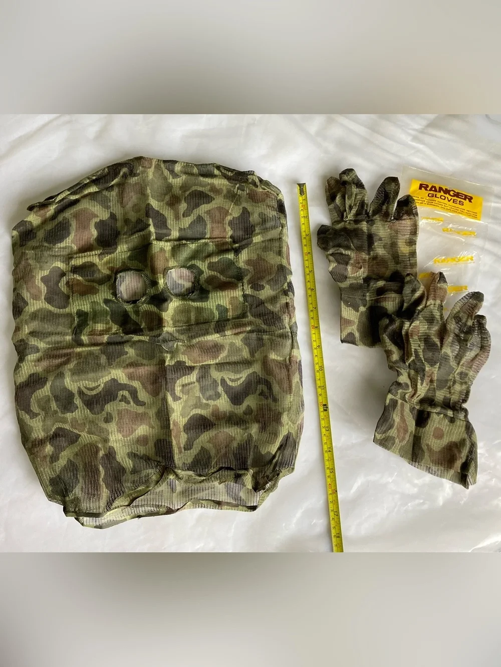 Lot of 4 - camo headnets w eyeholes & gloves